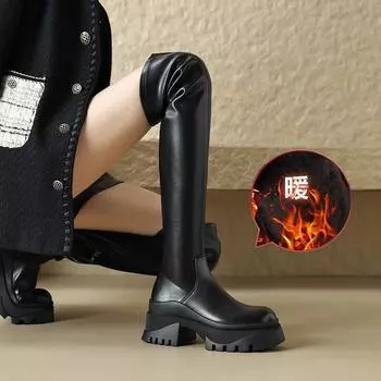 мода осень зима женские сапоги выше колена модные мягкие кожаные длинные сапоги женские лаконичные туфли на толстом каблуке 35 чёрный