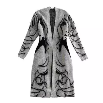 МОДА Осень Зима Женский Свободный Длинный Рукав Голова Вышивка Вязаный Кардиган Свитер Пальто One Size