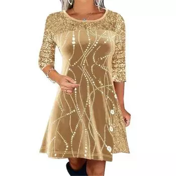 МОДА Осень-зима Женское платье с круглым вырезом, блестящей отделкой из пайеток, в стиле пэчворк, А-силуэта, свободным подолом, с принтом, мягкими длинными рукавами, длиной выше колена, мини-платье L хаки