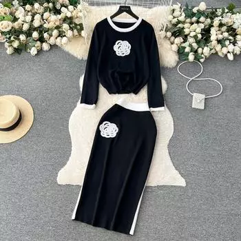 МОДА Осенне-зимний контрастный дизайн, футболка со свободными рукавами и круглым вырезом + узкая юбка средней длины с высокой талией, комплект из двух предметов One Size чёрный