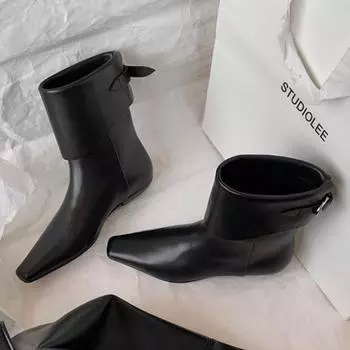 мода остроносые ботильоны женские модные зимние ботинки туфли на среднем каблуке зима 2025 тренд готические туфли челси кожаные туфли туфли-лодочки Botas Mujer 35 чёрный