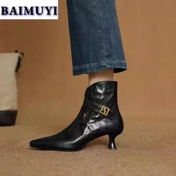 мода остроносые ботильоны женские высокие каблуки зимние ботинки бренд челси 2024 тренд осень женщина платье туфли-лодочки кожа готика Botas Mujer 35 чёрный