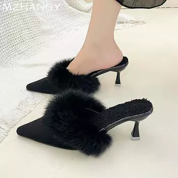 мода остроносые меховые женские тапочки на среднем каблуке элегантные туфли женские 2025 тренд новые шлепанцы осенние роскошные туфли-лодочки для вечеринок женские тапочки 35 бежевый