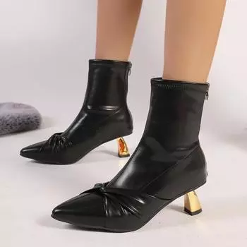 мода остроносые туфли на среднем каблуке женские ботильоны сексуальная обувь 2025 тренд дизайнер новые плиссированные выпускные ботинки челси панк туфли-лодочки женские ботинки 35 чёрный