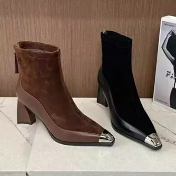 мода остроносые высокие каблуки женские ботильоны брендовые замшевые массивные туфли зима 2025 тренд офисная обувь элегантные модные туфли-лодочки Botas Mujer 35 чёрный