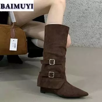 мода остроносые высокие сапоги женские сексуальные высокие каблуки зимние замшевые зимние туфли челси танкетка дизайнер 2025 тренд середина икры Botas Mujer 35 абрикосовый