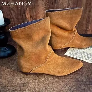 мода остроносые замшевые женские ботильоны на плоской подошве дизайнерская обувь женская тенденция 2025 года мода новые ботинки челси зимние прогулочные женские ботинки 35 чёрный