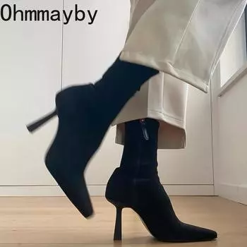 мода остроносые женские эластичные носки короткие сапоги модные боковые молнии тонкие ботильоны на высоком каблуке осенне-зимняя женская обувь 35 коричневый