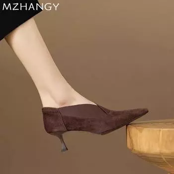 мода остроносые женские ботильоны кожаные туфли на низком каблуке элегантные туфли на шпильке женские 2025 тренд зима новая мода снежные ботинки женские 35 чёрный