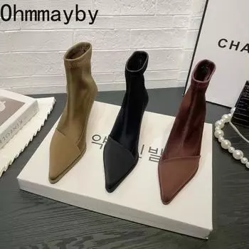 мода остроносые женские ботильоны модные туфли без застежек осень-зима на высоком каблуке женские короткие ботильоны Morder 35 армия зеленый