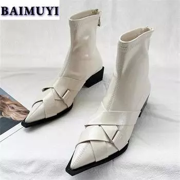 мода остроносые женские ботильоны на среднем каблуке кожаные туфли 2025 тренд зима новые сексуальные массивные ботинки челси зимние модные туфли-лодочки Zapatos 35 бежевый
