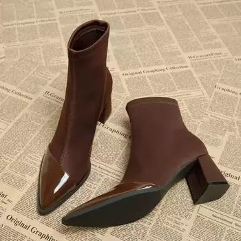 мода остроносые женские ботильоны сексуальные туфли на высоком каблуке замшевые туфли зима 2025 тренд элегантные массивные офисные туфли модные туфли-лодочки Botas Mujer 34 чёрный