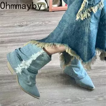 мода остроносые женские ковбойские сапоги в стиле вестерн модные короткие ботильоны без застежек в стиле ретро осень-зима женская обувь 35 джинсовый синий