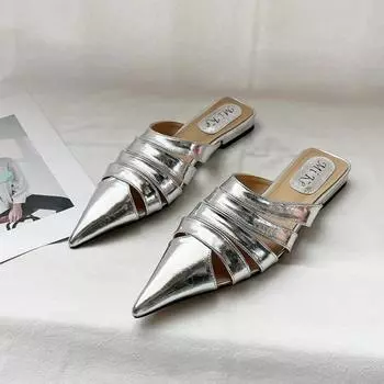 мода остроносые женские мюли тапочки черные золотые серебряные белые повседневные уличные тапочки на плоской подошве полые туфли летние слипоны 35 золотой