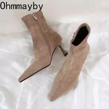 мода остроносые женские носки сапоги модные боковые молнии обувь осень зима высокий каблук женские Morder короткие сапоги 35 хаки