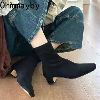 мода остроносые женские тонкие короткие сапоги модные ботильоны с молнией сзади в стиле ретро на квадратном каблуке осенне-зимняя обувь 35 коричневый