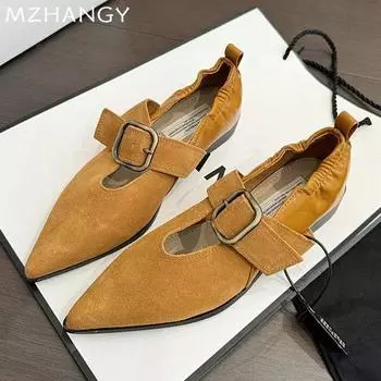 мода остроносые женские туфли Marie Jane на низком каблуке модные туфли с пряжкой осень 2024 тренд новое дизайнерское платье женщина ходьба Zapatos 35 чёрный
