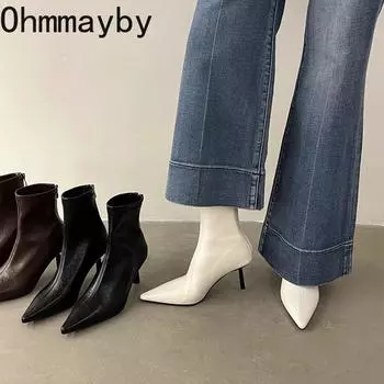 мода остроносые женские узкие ботильоны модные застежки-молнии сзади обувь осень-зима тонкий высокий каблук женские короткие ботильоны Morder 35 белый