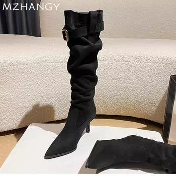 мода остроносые женские высокие сапоги замшевые сексуальные туфли на высоком каблуке женские 2025 трендовые модные ботинки челси туфли-лодочки зимние новые женские ботинки 34 бежевый