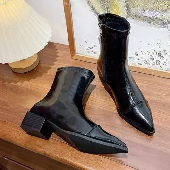мода остроносые женские зимние ботинки на среднем каблуке из плюша и теплых хлопковых ботинок зима 2024 года трендовые туфли-лодочки для вечеринок туфли челси Botas Mujer 35 чёрный