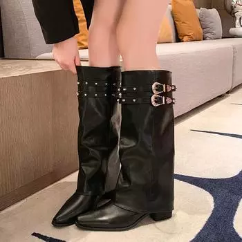 мода Острый носок Высокие каблуки Женская обувь Сексуальные ботфорты 2025 Тренд Дизайнерский бренд Гладиаторы Челси Панк Туфли Mujer Botas 35 чёрный