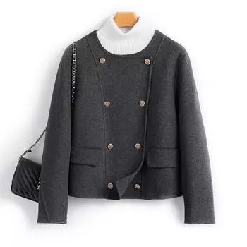 Мода% Пальто из овечьей шерсти женское осенне-зимнее новое с круглым вырезом бежевое двустороннее пальто короткое S