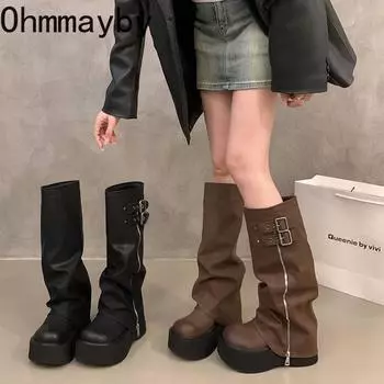 мода Панк Стиль Женщины Вестерн ковбойские сапоги Модные туфли без застежек Осень Зима Платформа Каблук Дамы Рыцарь Длинные сапоги 35 коричневый