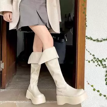 мода Панк Стиль Женские Сапоги До Колена Модные Туфли На Платформе Каблуки Лаконичные Длинные Ботинки De Mujer 35 бежевый