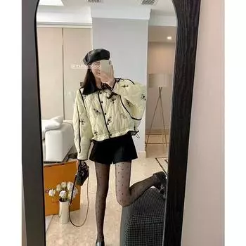 МОДА Печатная маленькая ароматная ветровая утолщенная теплая короткая верхняя хлопковая одежда женская 2025 зимняя свободная универсальная хлопковая одежда одежда XL