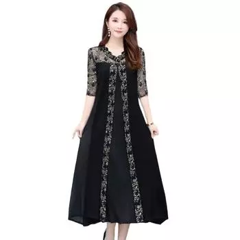 МОДА Платье миди с коротким рукавом, длиной до середины икры, популярное летнее длинное платье из сетчатой пряжи, повседневная одежда S чёрный