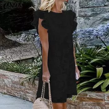 МОДА Платье-миди с круглым вырезом и короткими рукавами, длиной до колена, с оборками и жаккардовым узором M чёрный