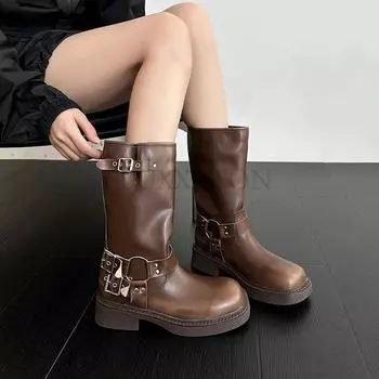 мода Платформа Ботинки Combat Молния Chuny Heel Пряжка Винтаж Мода Повседневный Роскошь Дизайнер Western Mid Calf Boots Обувь Женщина 39 коричневый