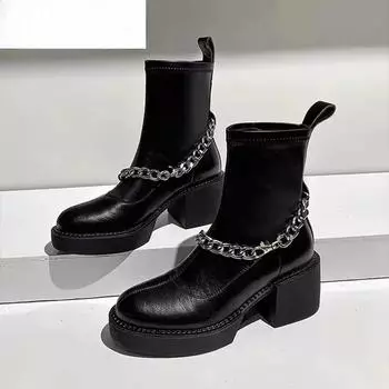 мода Платформа Женщины Цепочка Ботильоны Высокий каблук Кожаные массивные туфли Женщина 2025 Тенденция Новые ботинки Челси Туфли-лодочки Зимние женские ботинки 35 чёрный