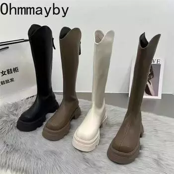 мода Платформа Женские сапоги до колена Модные молнии сзади Рыцарь Длинные сапоги Квадратный каблук Осень Зима Женская обувь 35 бежевый