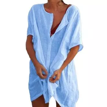 МОДА Плюс Размер Лето Женщины Однотонный Глубокий V-образный вырез Короткий рукав Свободное прикрывающее платье XS синий