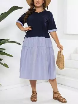 Мода Плюс Размер Новое Свободное Платье с О-Образным Вырезом Женское Винтажное Повседневное Полосатое Лоскутное Тонкое Платье Женский Дизайн Шикарная Оборка С Половиной Рукава A Word Одежда XL синий