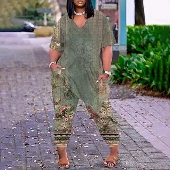 МОДА Плюс Размер Женские Повседневные Комбинезоны с V-образным вырезом Короткие рукава Молния С Карманами Широкие Длинные Комбинезоны S винный