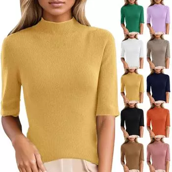 Мода Половина Высокий ворот Однотонный цвет Средний рукав Трикотаж Короткий рукав Женщина L чёрный