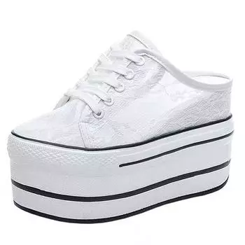 мода повседневная обувь тапочки женская парусиновая обувь мода дышащая платформа танкетка женские тапочки кроссовки мюли сандалии слайд 33 белый