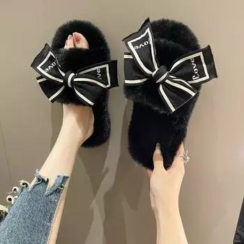 мода повседневные пушистые тапочки женские домашние туфли на плоской подошве модная зимняя обувь с бантом Love Designer Shoes женская домашняя плюшевая обувь на платформе элегантная обувь 35 бежевый