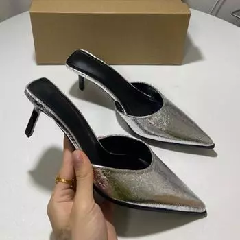 мода повседневные женские сандалии мода острый носок неглубокий высокий каблук женские мюли туфли большой размер летние туфли на шпильках вечернее платье сандалии 36 чёрный