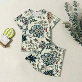 Мода Повседневный Комплект для Мальчиков и Девочек: Футболка с Коротким Рукавом и Круглым Вырезом + Шорты с Винтажным Принтом 100