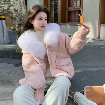 МОДА Premium Sense Small Fox Big Fur Воротник Пуховик женский 2024 Зима Новый Угловой Пряжкой Белый Утиный Пуховик Одежда S розовый
