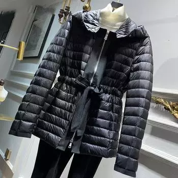 МОДА Приталенная куртка-пуховик женская короткая 2024 зима новый пояс талия тонкий воротник стойка белая куртка на утином пуху Одежда M серый