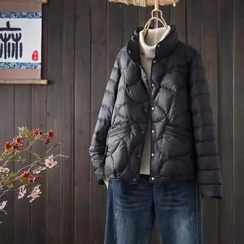 МОДА Простая и легкая модная куртка-стойка с длинными рукавами для женщин 2024 года, новая белая утиная пуховая зимняя теплая свободная модная одежда S чёрный