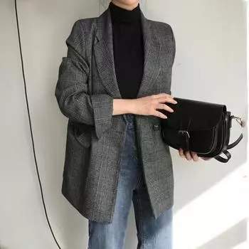 МОДА Простой винтажный клетчатый лацкан с двумя пуговицами, свободный двойной карман, длинный рукав, пиджак, женская одежда one size fits all серый
