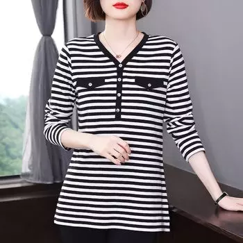 Мода Простота Универсальный Повседневный Пуговичный Монтаж Полосатый V-образный вырез Большой размер Свободная Черно-белая Базовая рубашка для женщин Осень 2024 L чёрный