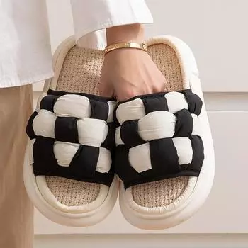 мода Простые льняные сетчатые женские тапочки весна-лето домашние тапочки для женщин пары Ощущение мягкой подошвы льняные тапочки 36-37 чёрный