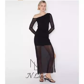 Мода Прямая Добыча Bec + Bridge 24 Осень Новое Платье с Косым Плечом, Сеткой и Разрезом на Плече, Длинными Рукавами Black XS/6