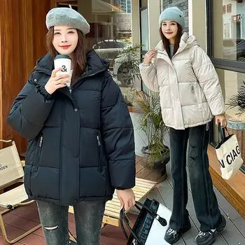 МОДА пух хлопок2024 новая женская короткая с капюшоном утолщенная зимняя свободная модная одежда для хлеба Одежда M